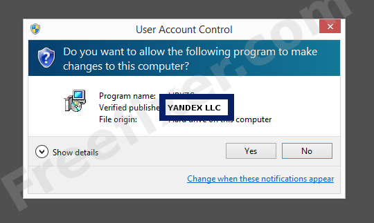 Screenshot where YANDEX LLC appears as the verified publisher in the UAC dialog